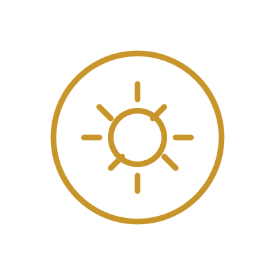 Gold outline sun symbol with rays inside a circle on a black background.