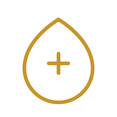 Icon of a droplet with a plus sign inside in black and gold.