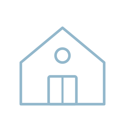 Simple line drawing of a house with a circular window and a door.