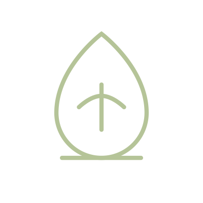 Minimalist icon of a leaf with a teardrop shape and a leaf vein in the center.