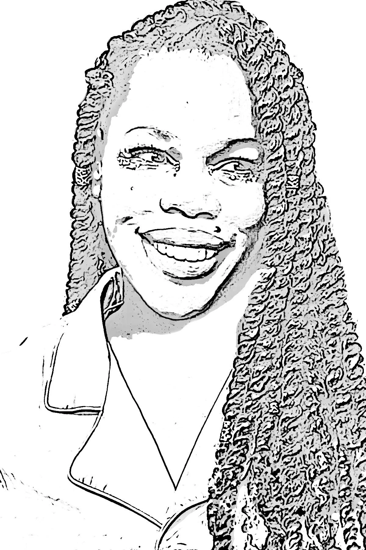 Black and white sketch of a smiling woman with curly hair and wearing a suit.