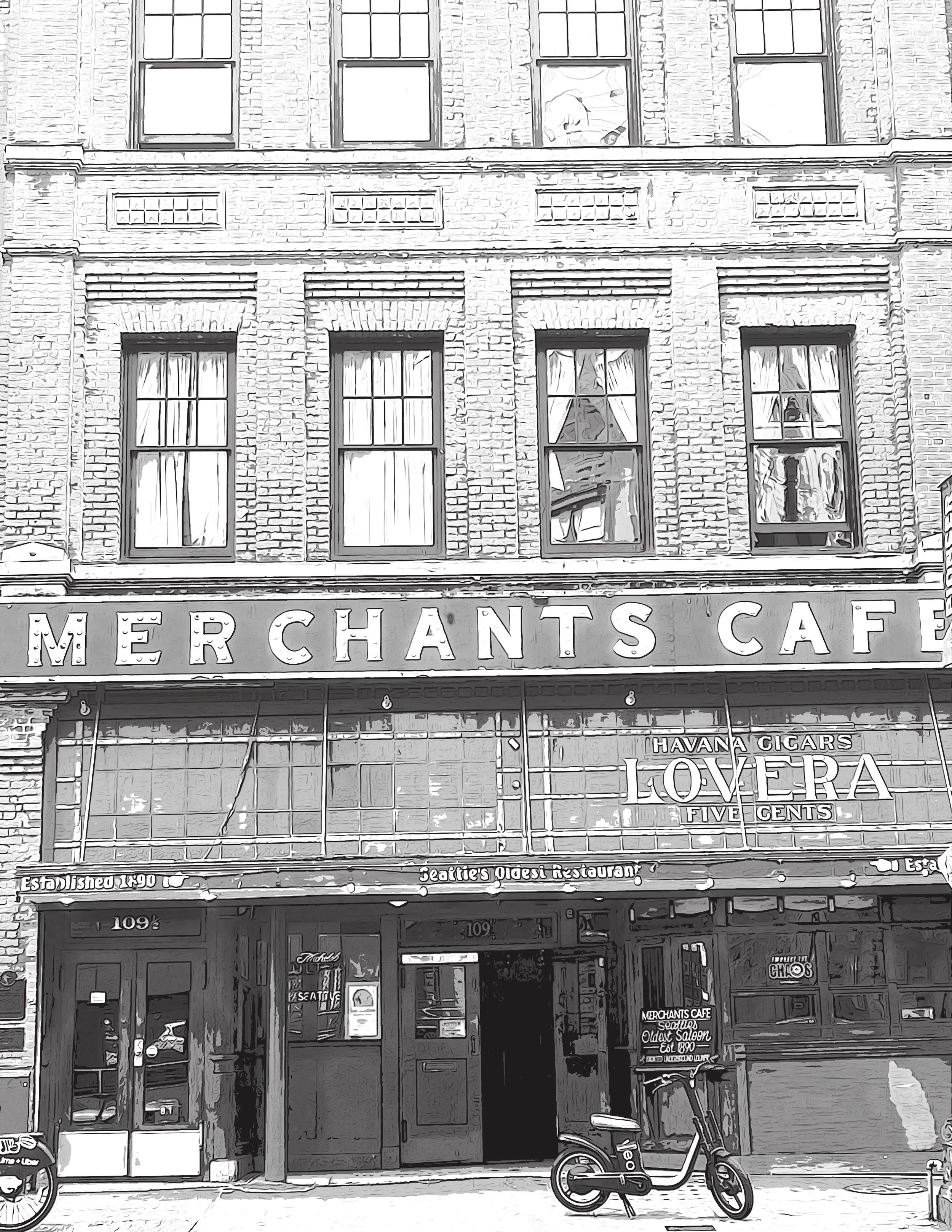 A black and white photo of a building with a sign indicating it is a cafe called 'Merchants Cafe' featuring Seattle's oldest restaurant established in 1890. The building has large windows, some with curtains, and a bicycle parked outside near the entrance.