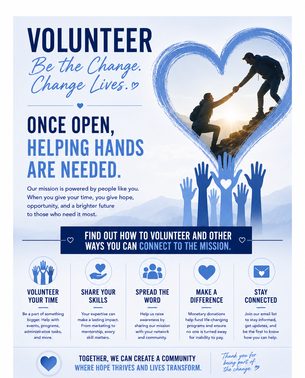 A flyer encouraging volunteer work with a heart-shaped frame containing two people helping each other on a mountain at sunset. The flyer emphasizes how helping hands are needed and offers ways to connect and contribute.