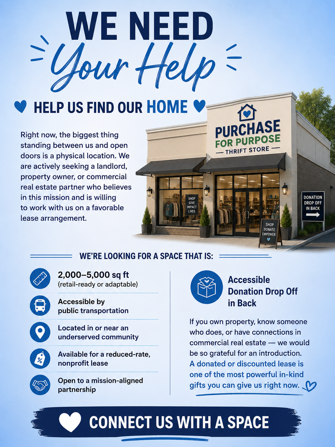 A poster seeking help for a nonprofit thrift store called Purchase for Purpose, which is looking for a space between 2000 to 5000 square feet that is retail-ready, accessible by public transportation, located in an underserved community, available for a reduced-rate non-profit lease, and open to a mission-aligned partnership. The poster features an illustration of the thrift store storefront with signs saying 'Shop Give Impact Lives,' 'Shop Donate Empower,' and 'Donation Drop Off In Back.'