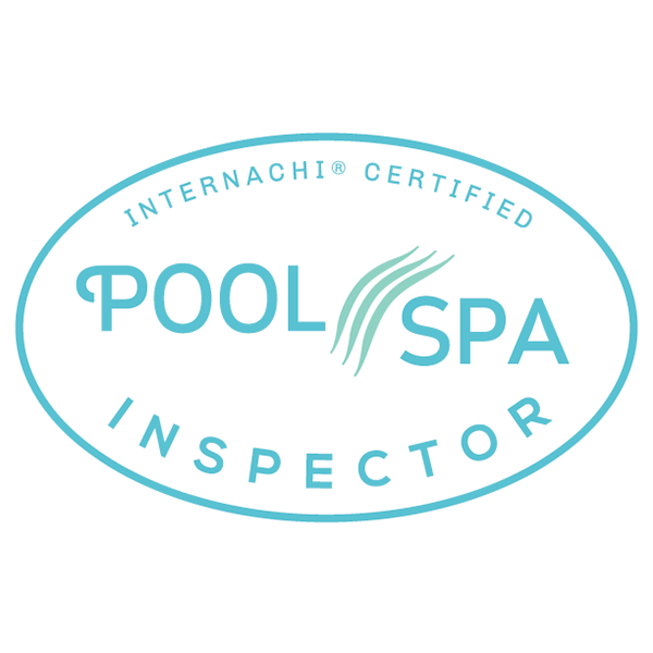 Pool and spa inspector certification badge from Internationally Certified Pool & Spa Inspector program in blue and white.