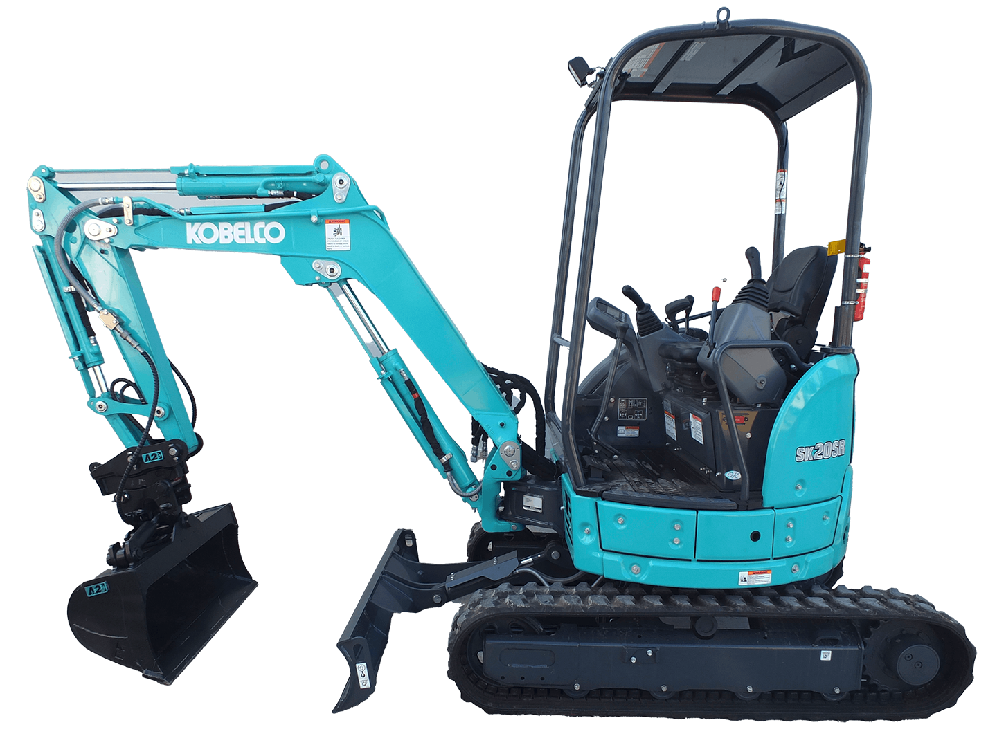 A blue Kobelco SK205SR mini excavator with a black bucket attached, viewed from the side against a transparent background.