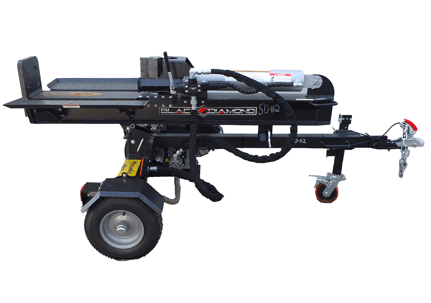 A black recreational or utility cart with a flat surface, warning labels, hydraulic equipment, and wheels, used for transportation or support in industrial or outdoor settings.