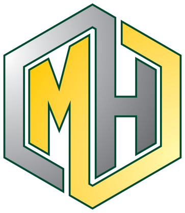 The image features the Marvel Studios logo, with a hexagonal shape incorporating the letters M, H, and S in a stylized design, primarily in yellow and gray against a dark green background.