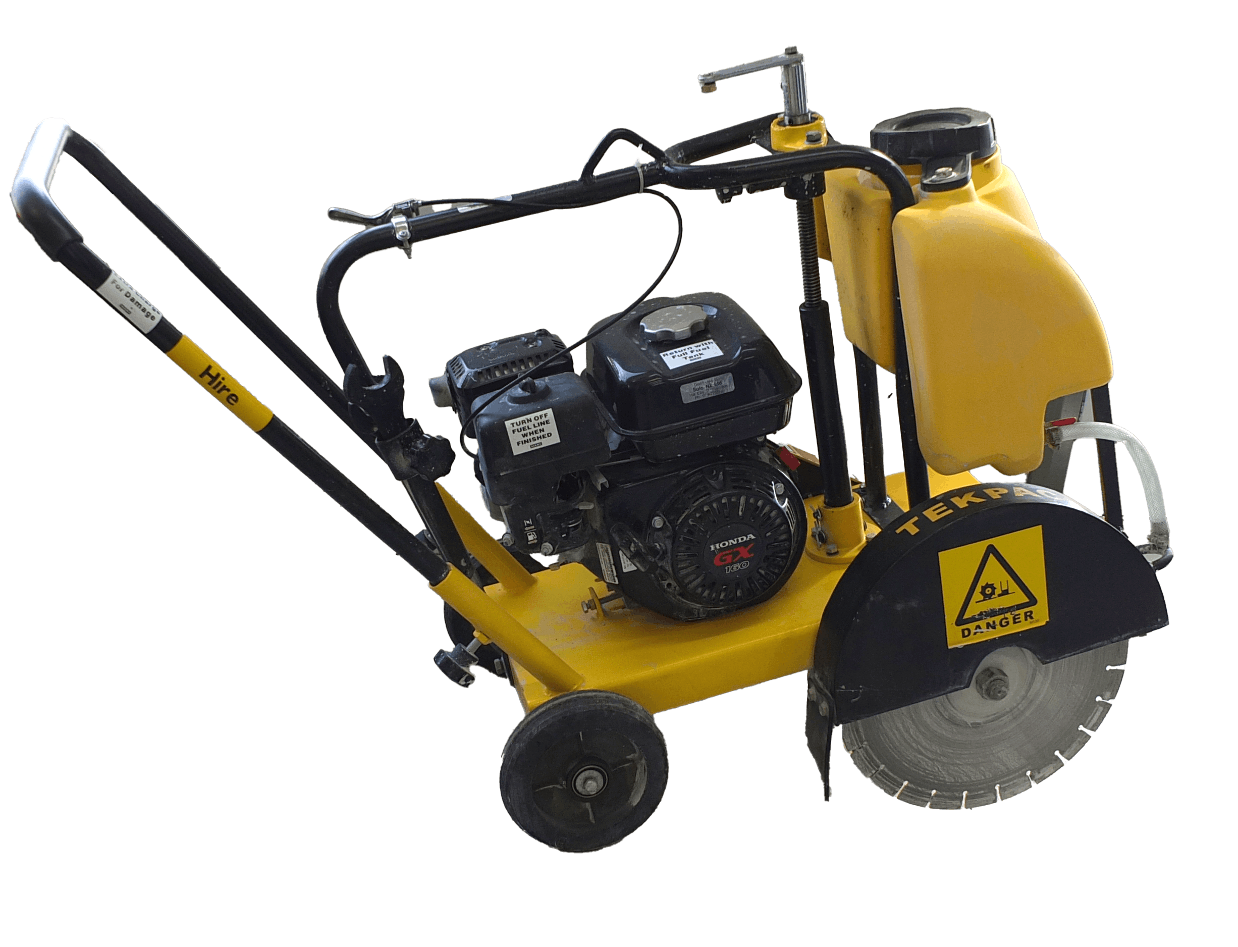A yellow and black construction plate compactor with a gas engine, warning labels, and a handle for operation.