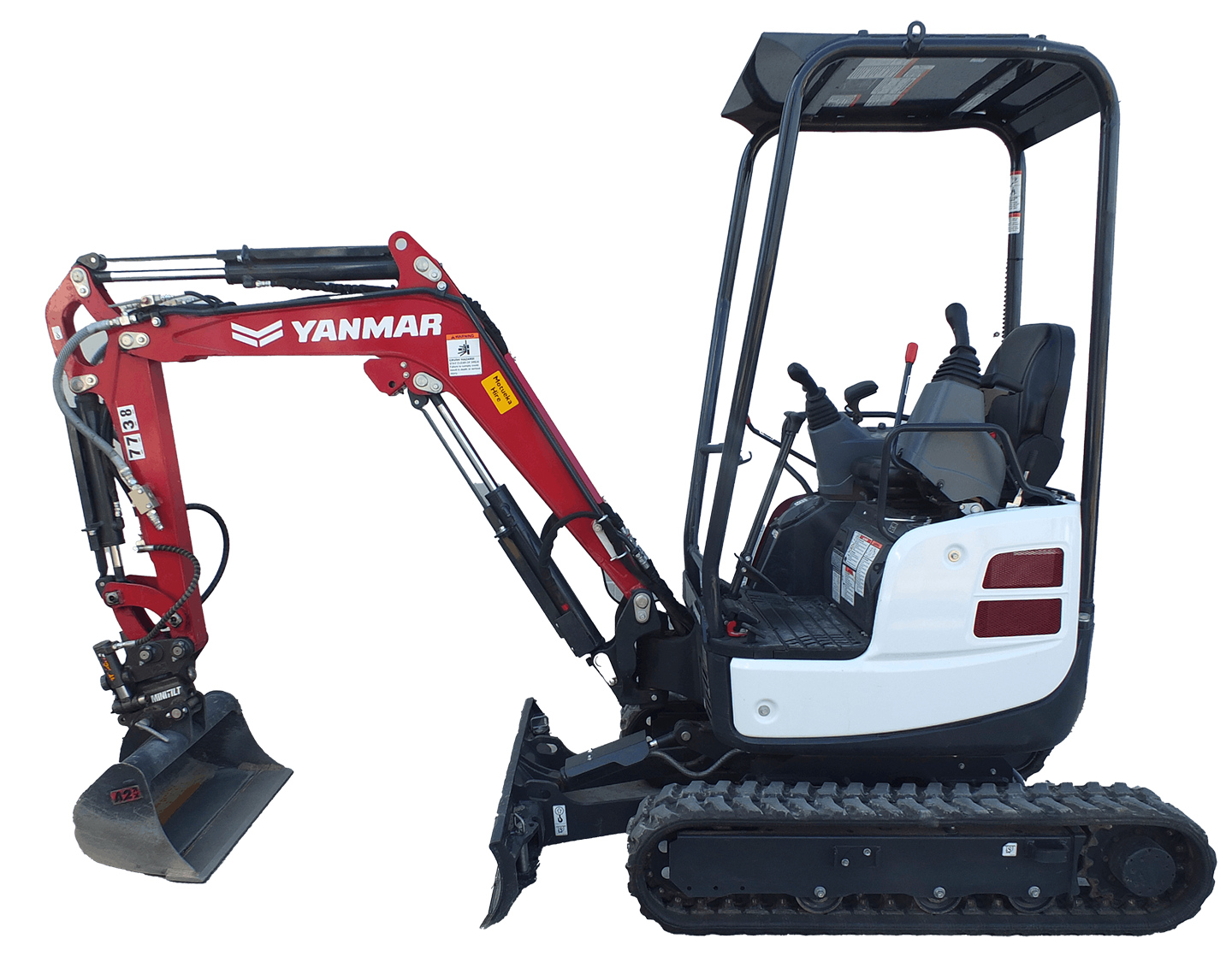 Small Yanmar compact excavator with black rubber tracks, a black boom arm with hydraulic hoses, and a white enclosed cabin with a black seat, two control levers, and safety features.