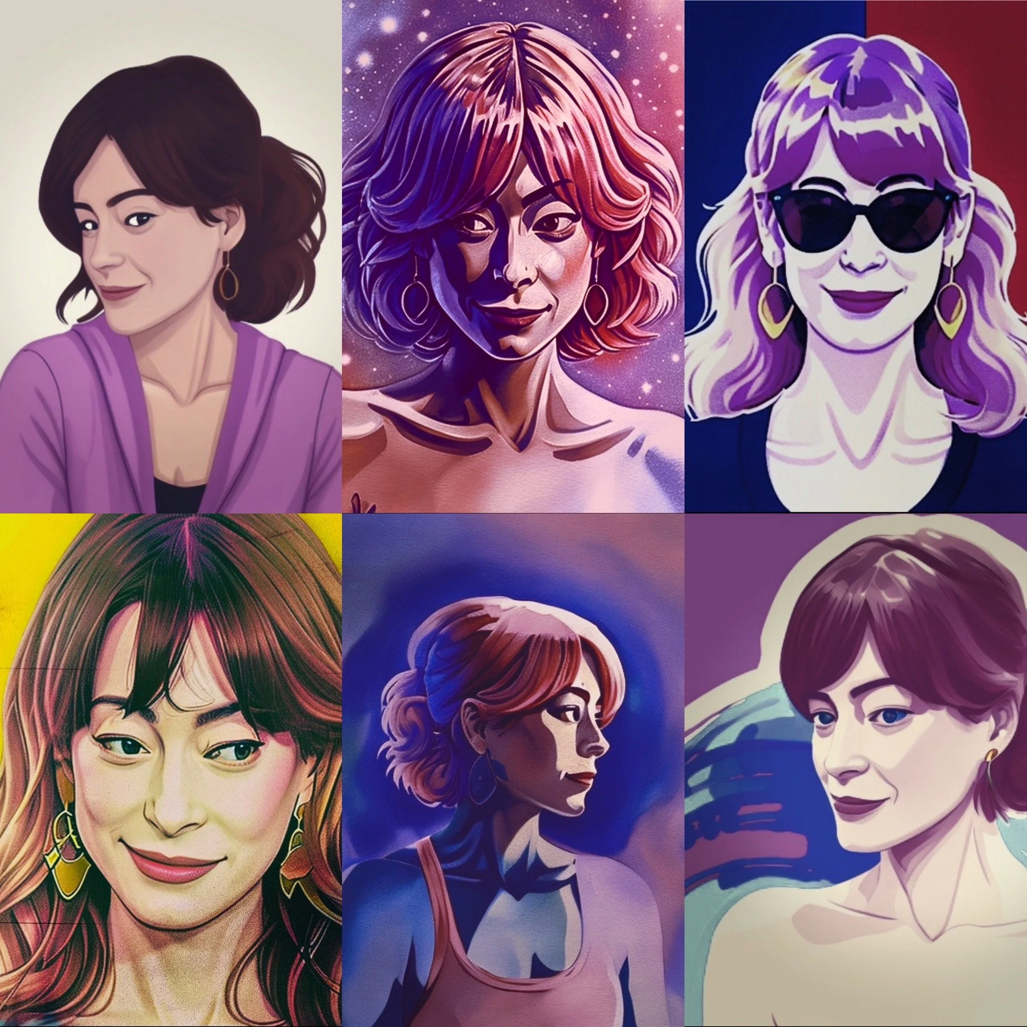 A collage of illustrated women with diverse hairstyles and fashion, each with distinct artistic styles.