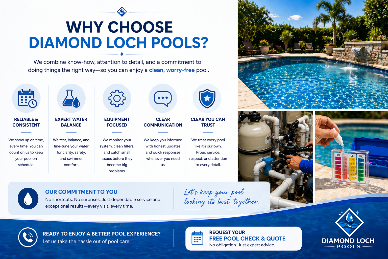 A promotional infographic for Diamond Loch Pools highlighting reasons to choose their pool services, including reliability, expert water balance, equipment focus, clear communication, and trust. The image features a pool with clear water, a pool pump system, water testing kit, and a landscaped backyard with a stone water feature and outdoor seating.