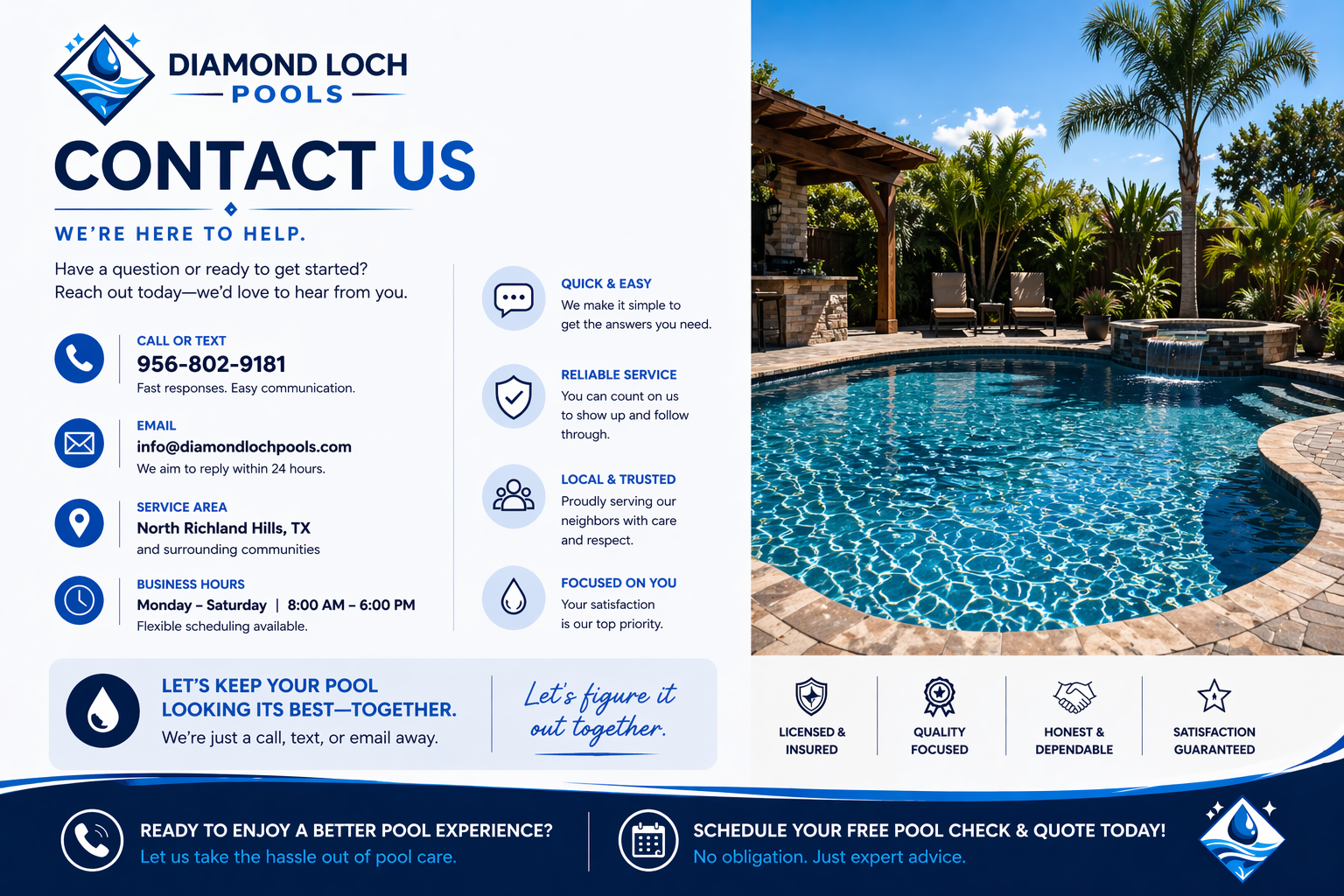Half of the image shows a contact information sheet for Diamond Loch Pools with phone, email, service area, hours, and service features. The other half displays a backyard swimming pool with a stone patio, lounge chairs, lush green trees, and a partly cloudy blue sky.