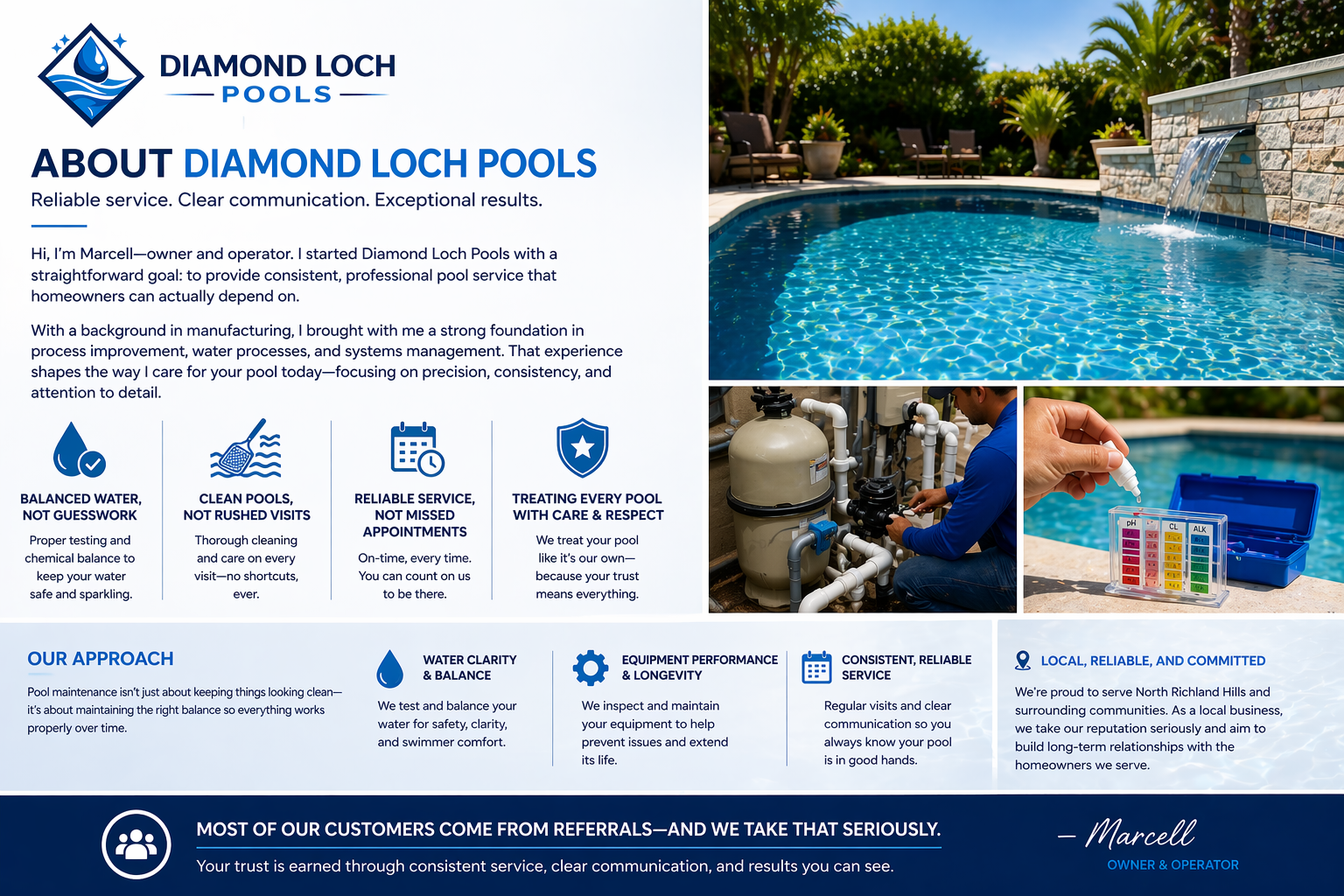 Infographic for Diamond Loch Pools featuring pool images, a logo, and text highlighting services such as balanced water, clean pools, reliable service, water testing, equipment maintenance, and community commitment.