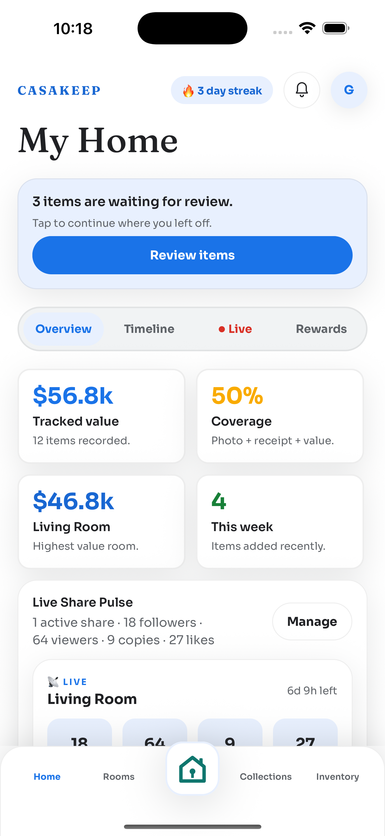 CasaKeep app home screen showing tracked value, coverage, review items, live share activity, and bottom navigation