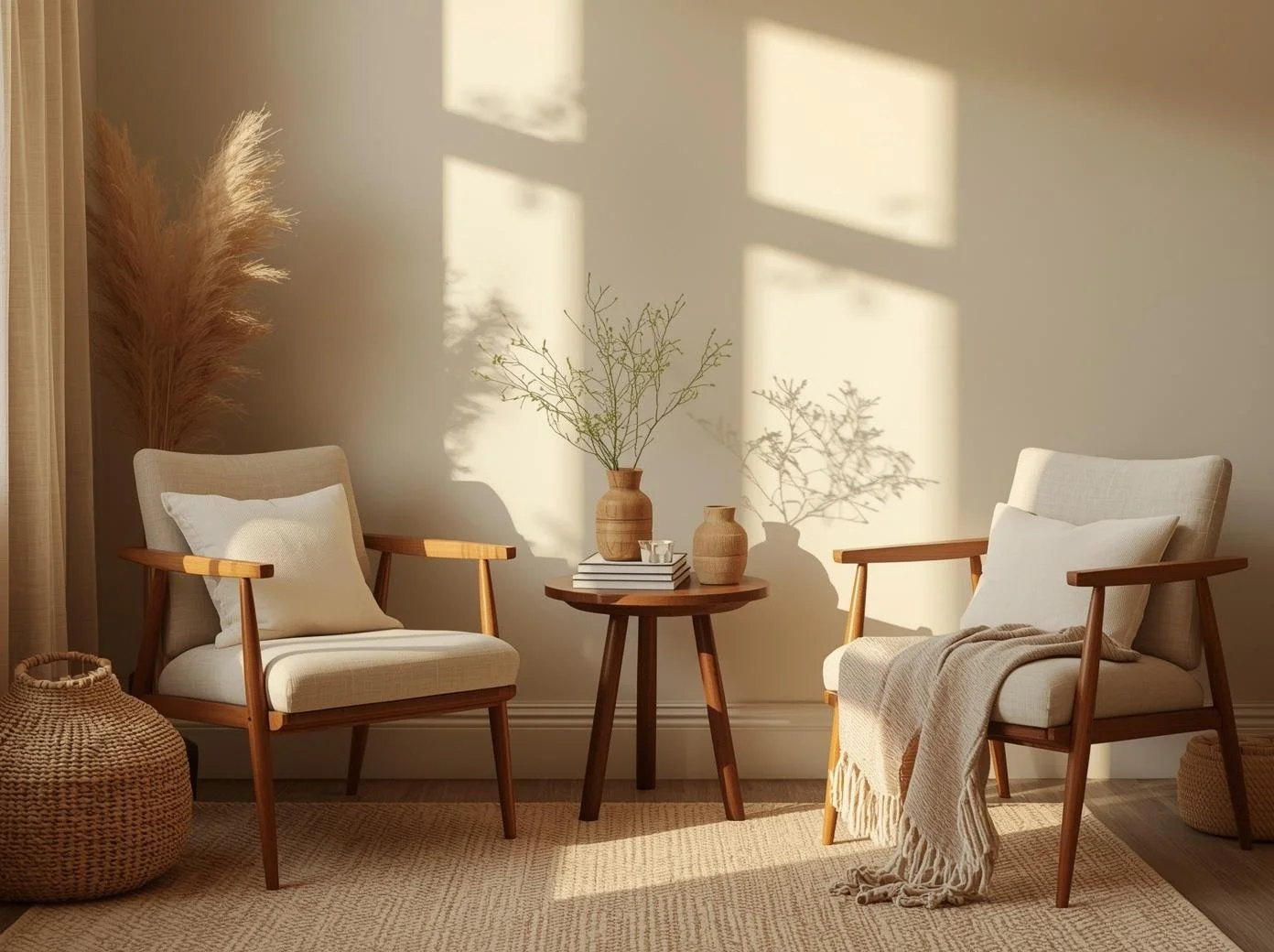 Warm therapy office living room with natural sunlight in California and Texas counseling space