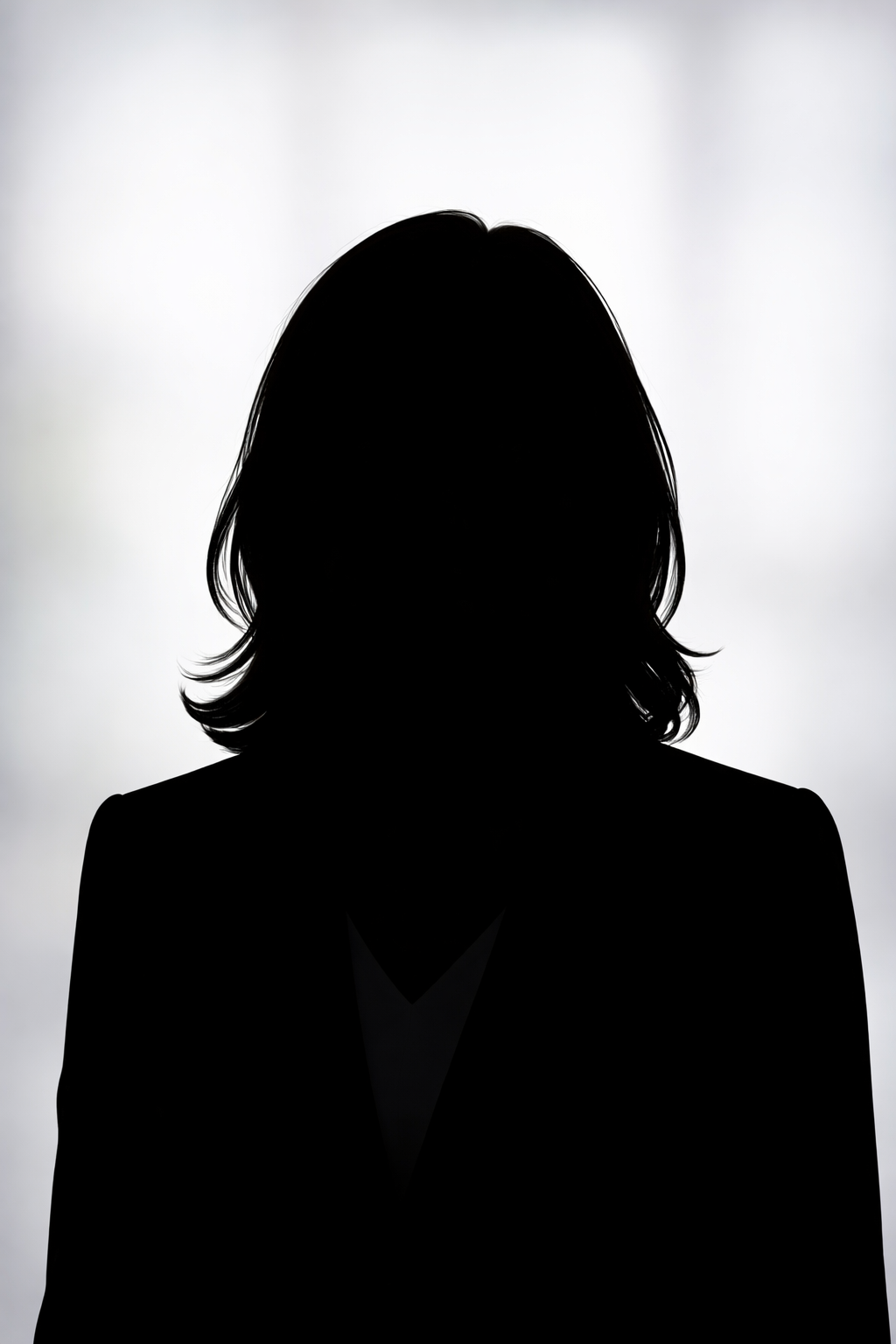 Silhouette of a person with shoulder-length hair, wearing a blazer, against a plain light background.