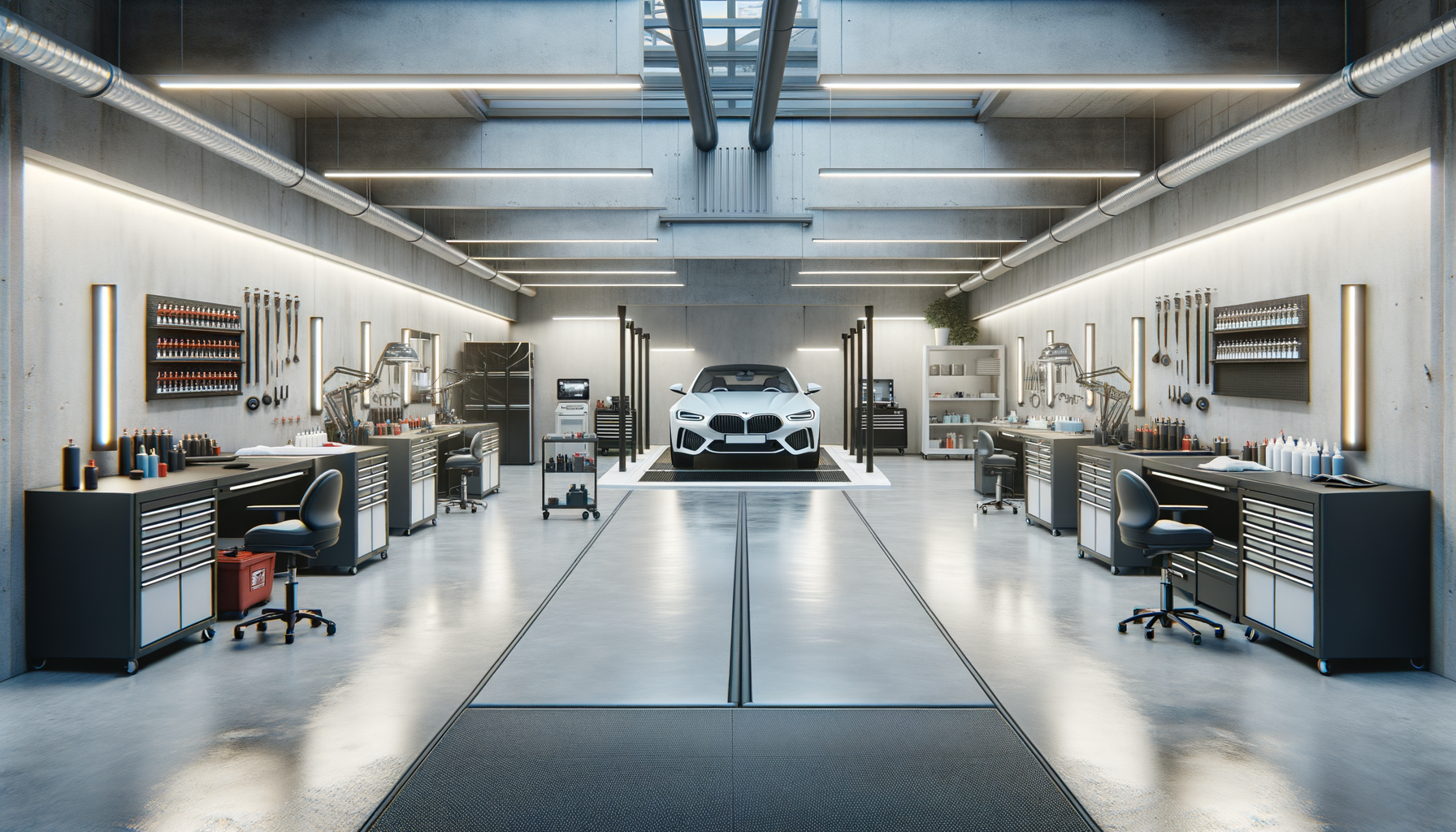 Modern automotive garage with a white luxury car on a lift, surrounded by workbenches, tools, and equipment, with garage doors open.