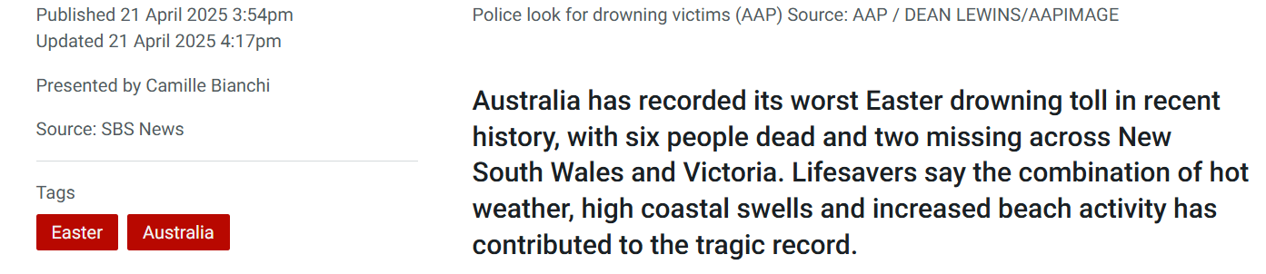 Screenshot of a news article reporting Australia’s worst Easter drowning toll, with details about the number of deaths and contributing factors like hot weather and high coastal swells.