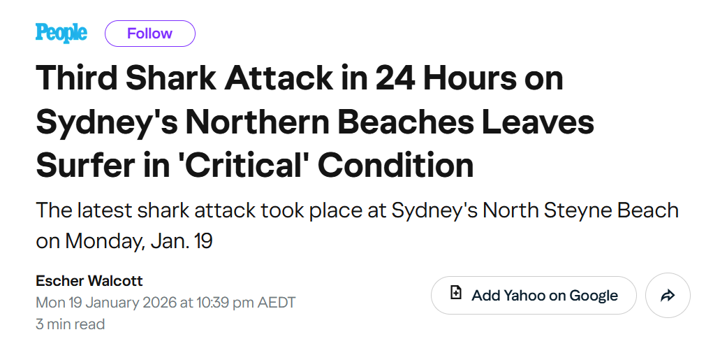 News article headline from People magazine about the third shark attack on Sydney's northern beaches, leaving a surfer in critical condition on January 19, 2026.