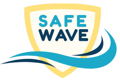 Logo with the words 'SAFE WAVE' inside a shield and a wave design underneath.