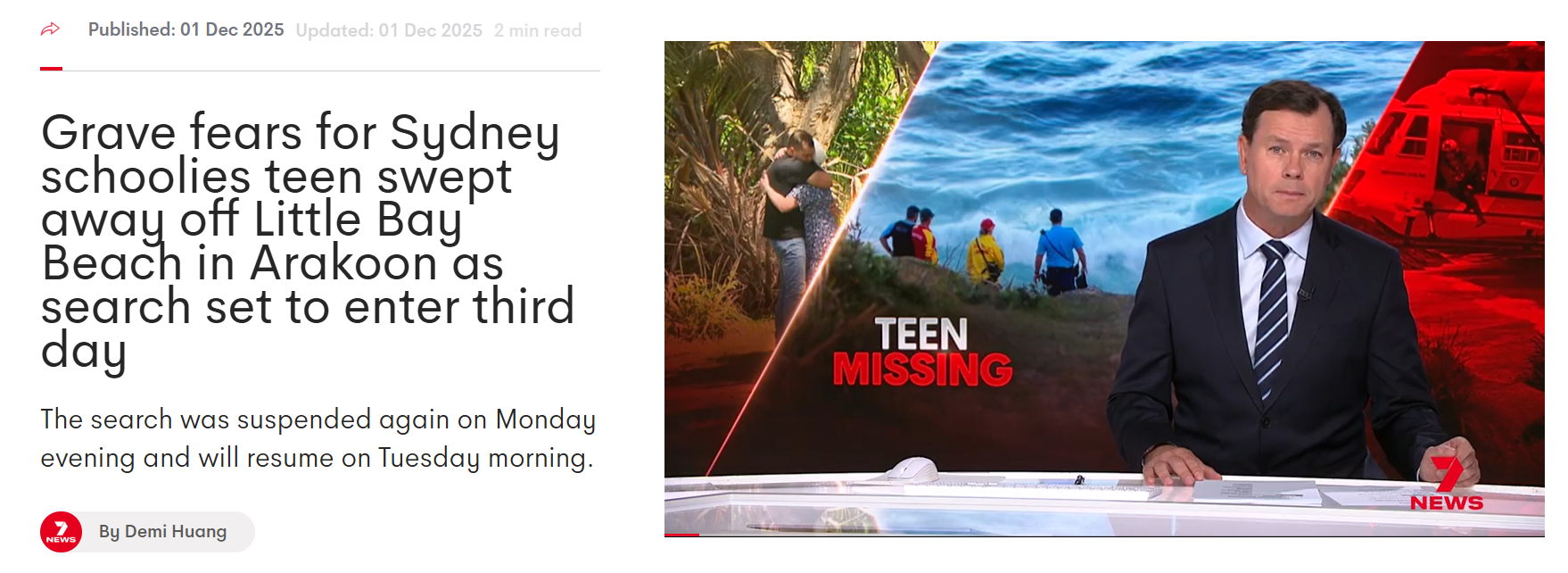 News anchor in a suit sitting at a news desk with a screen behind him displaying a graphic of a missing teen, ocean waves, and rescue workers, indicating a story about a teen missing at Little Bay Beach in Arkoon.