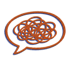A speech bubble with a tangled scribble inside.