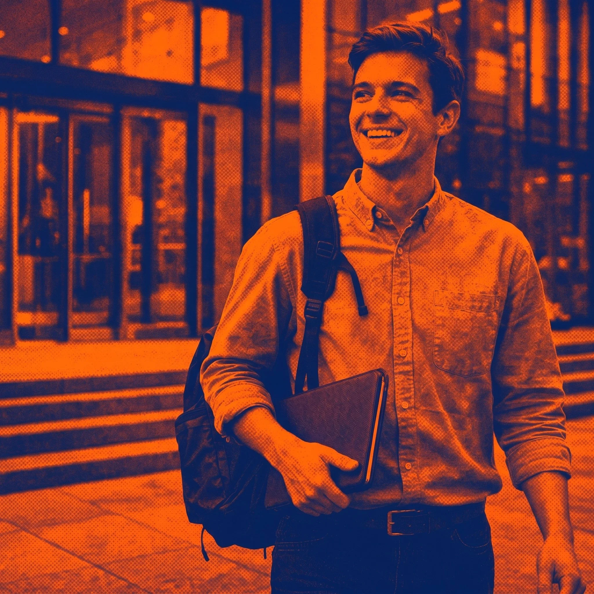 A young man with short hair smiling and looking to his right. He is wearing a buttoned-up shirt and has a backpack on his shoulder. The background appears to be an outdoor setting with a metal fence and some trees, and the image has a color filter giving it an orange and dark blue appearance.