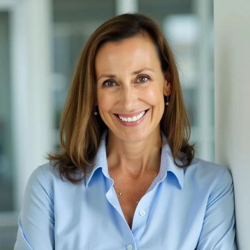 A woman with shoulder-length brown hair smiling and wearing a light blue button-up shirt, standing indoors near a window.