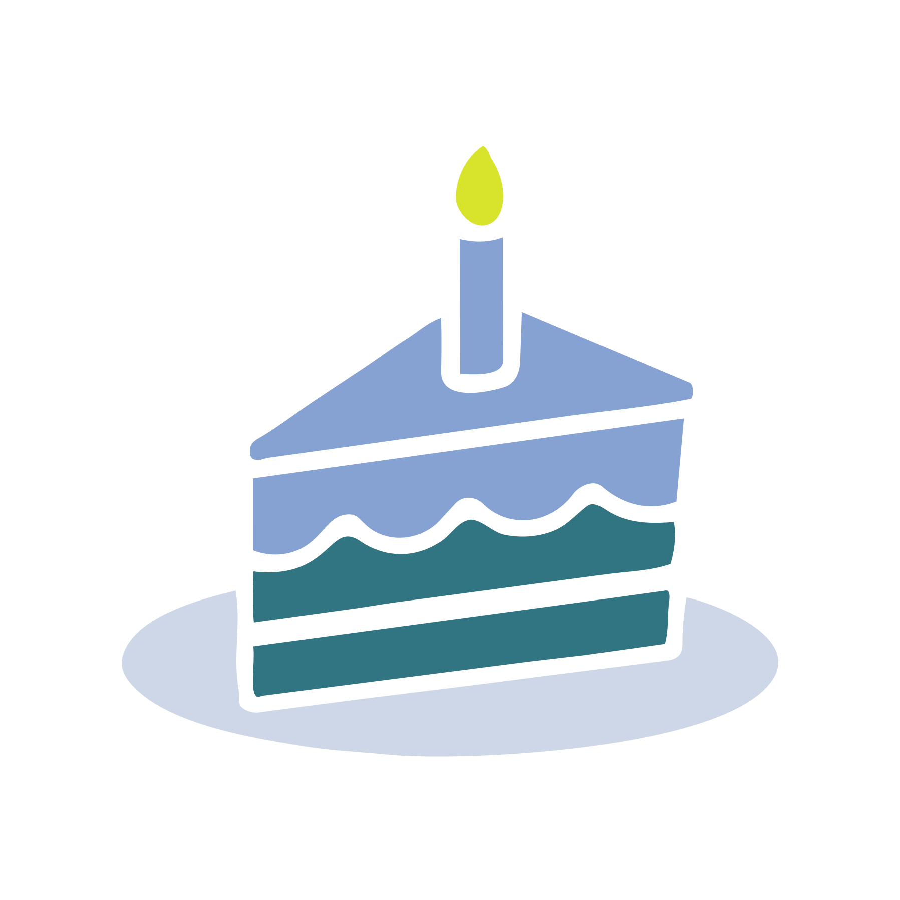Illustration of a slice of birthday cake with three layers, decorated with wavy lines and a single lit candle on top.