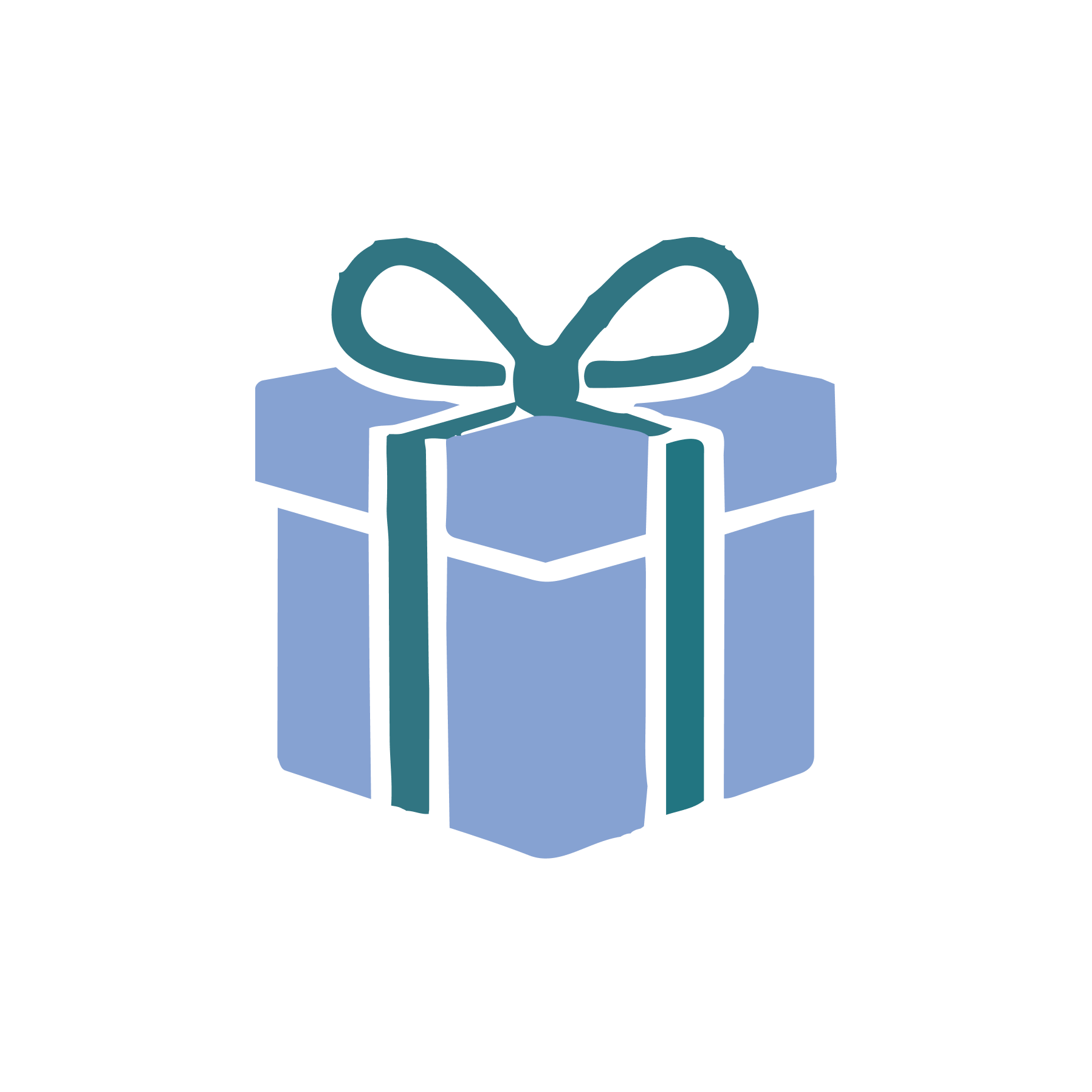 A graphic illustration of a blue gift box with a black outline, tied with a dark teal ribbon and bow.