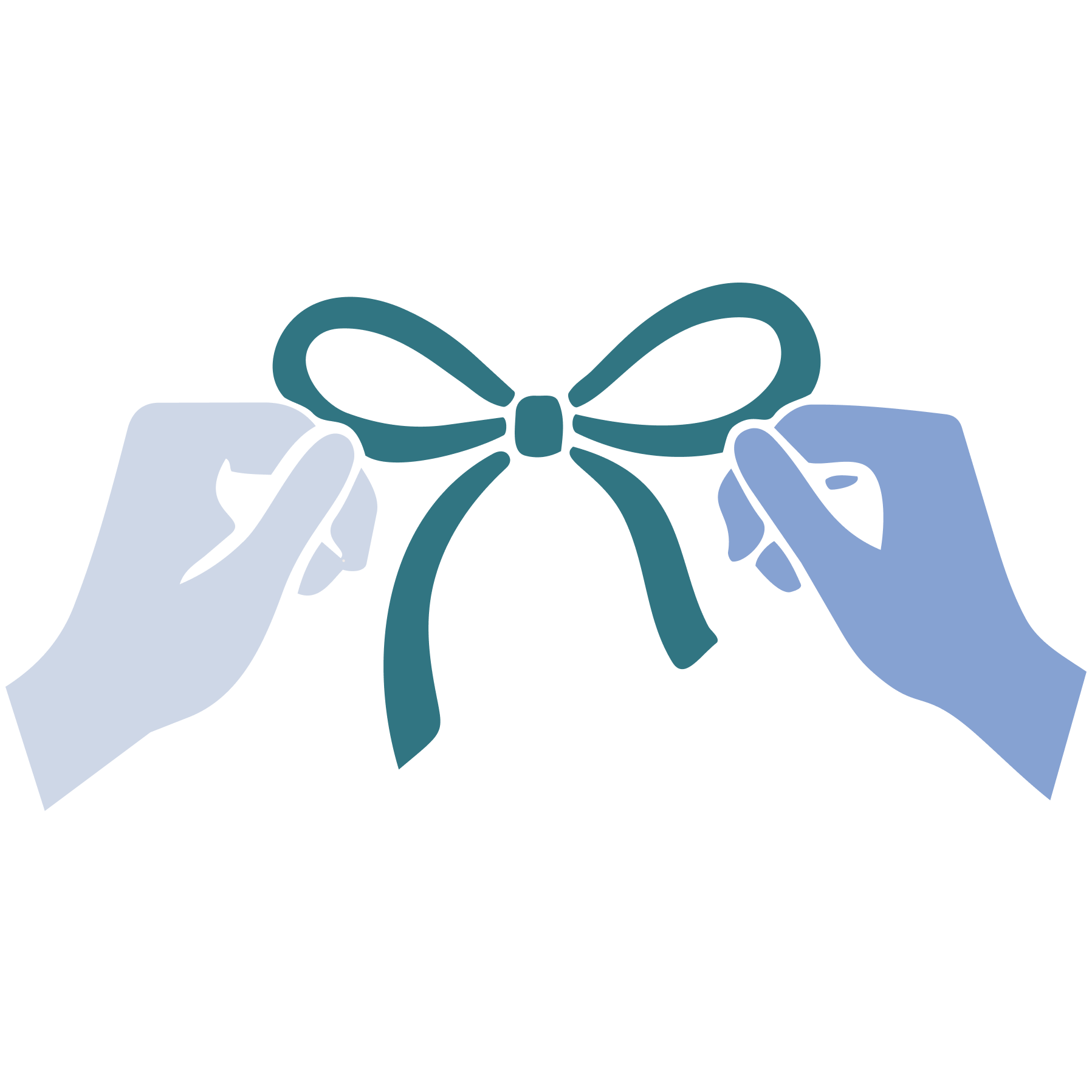 Two hands, one light-skinned and one darker-skinned, holding opposite sides of a tied ribbon bow.