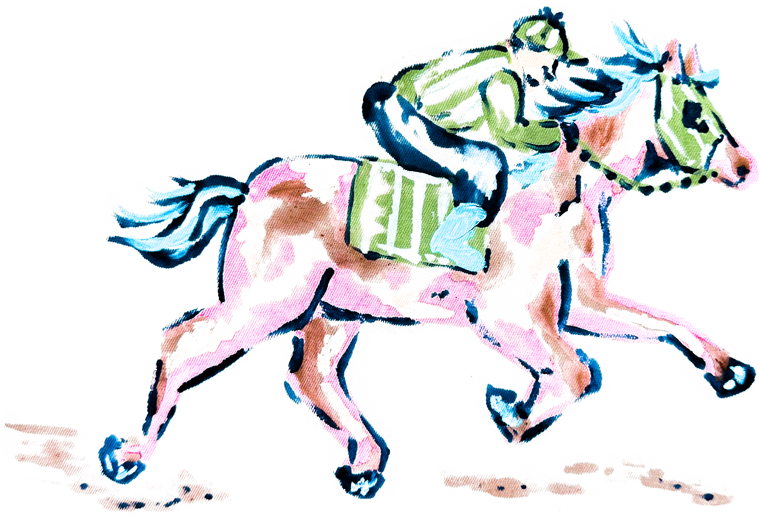 A digital art illustration of a running horse with a jockey on a colorful and abstract design.
