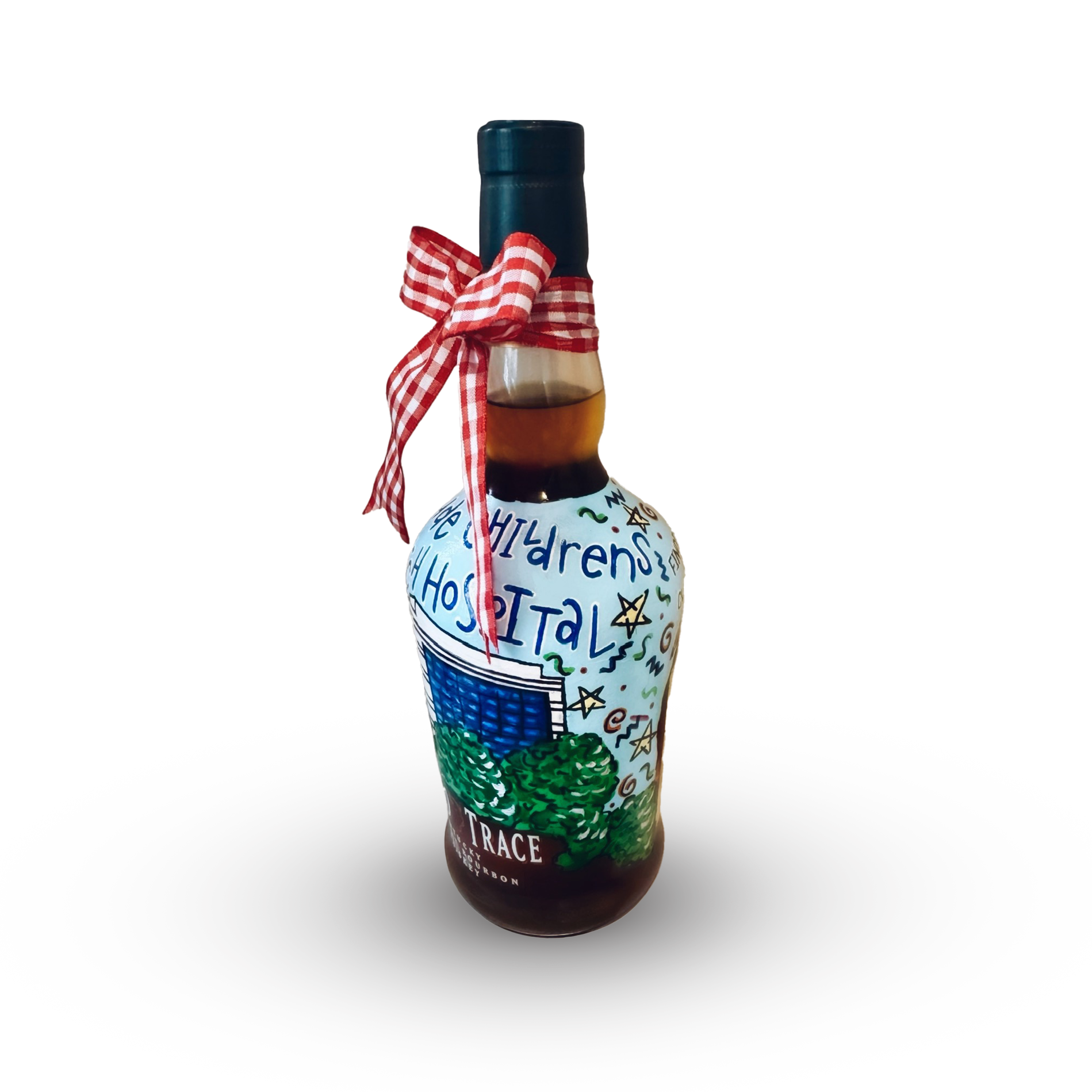 A bottle decorated with a red and white checkered ribbon, with colorful handwriting and illustrations that promote children's hospitals.