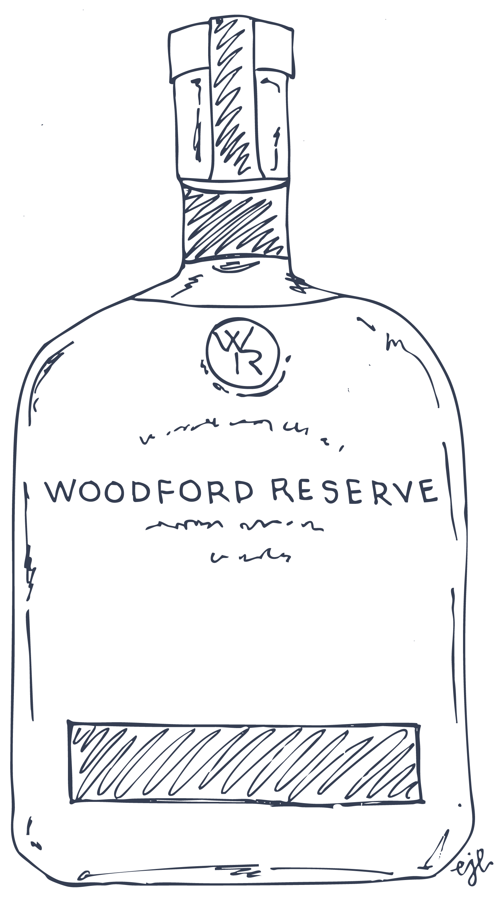 Line drawing of a whiskey bottle labeled 'Woodford Reserve' with a rectangular shape, a tall neck, and a round cap. The label is centered on the bottle with some small details above it.