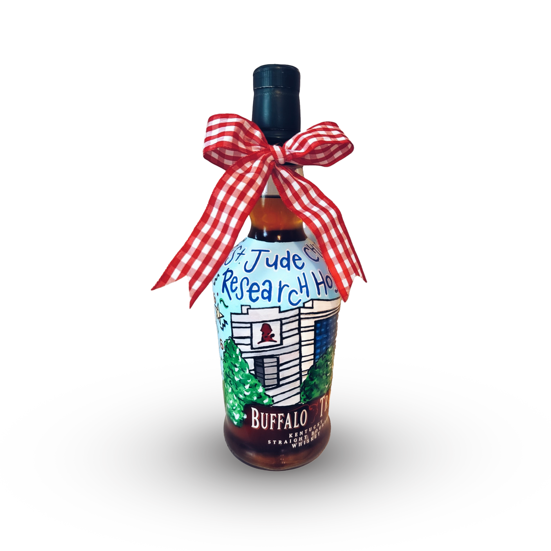 A bottle of Buffalo Trace Kentucky Straight Bourbon Whiskey decorated with a red and white checkered ribbon tied around its neck, featuring drawings and text that suggest it is part of a graduation or recognition event.