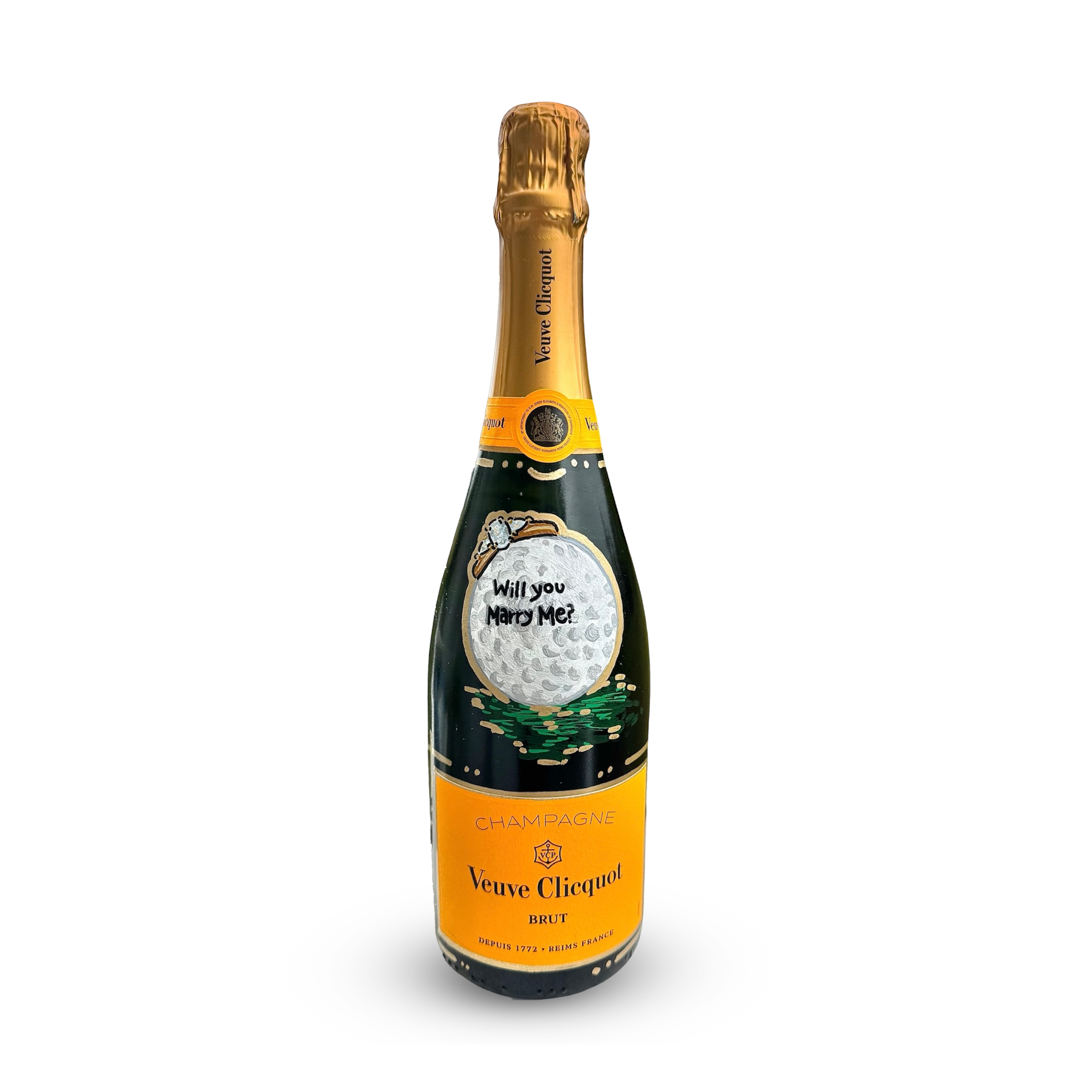 A bottle of Veuve Clicquot Champagne with a playful label asking 'Will you marry me?' in the middle.