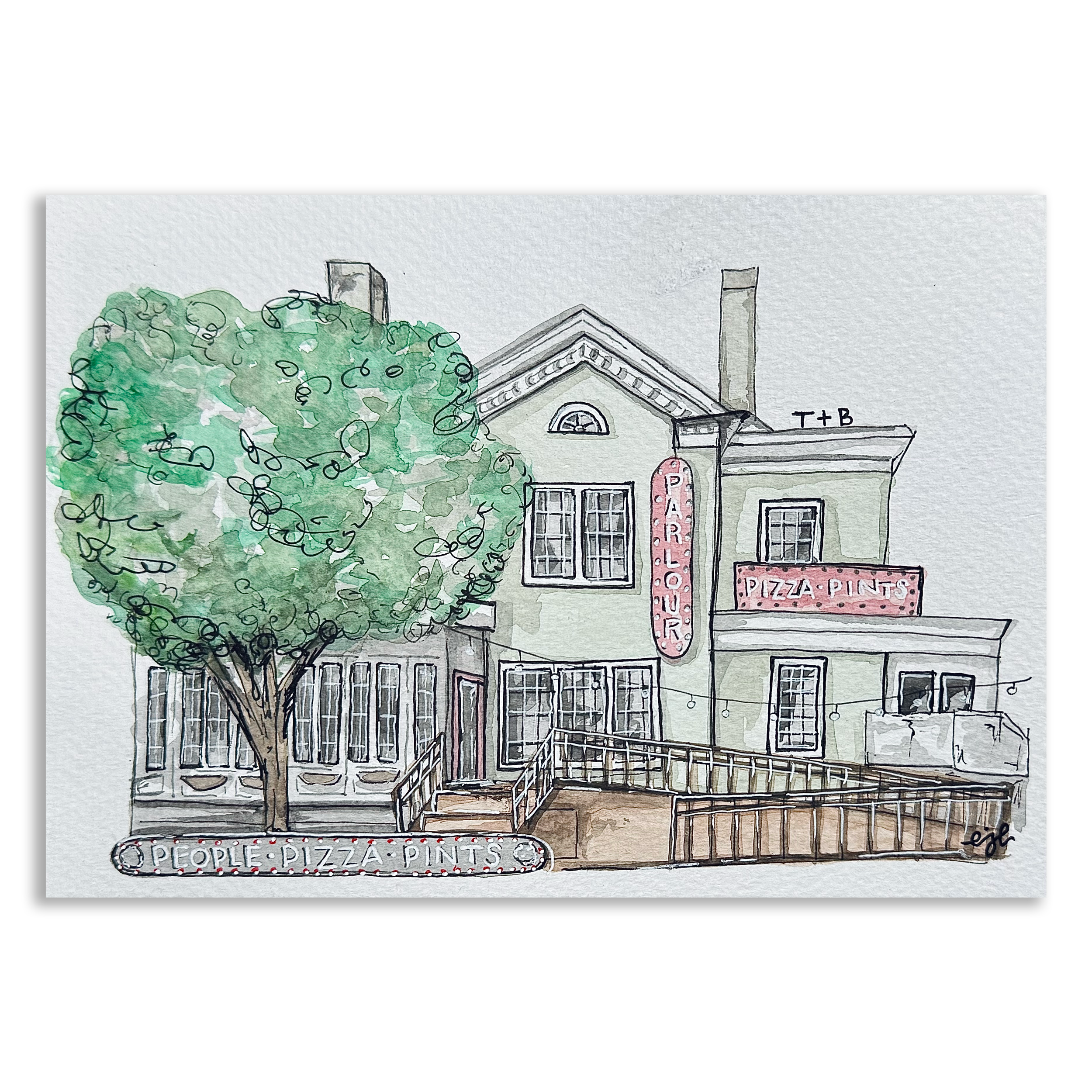 Watercolor illustration of a building with a neon sign that says "PIZZA PONDS" and a smaller sign that says "PIZZA PONDS," with a large green tree in front.