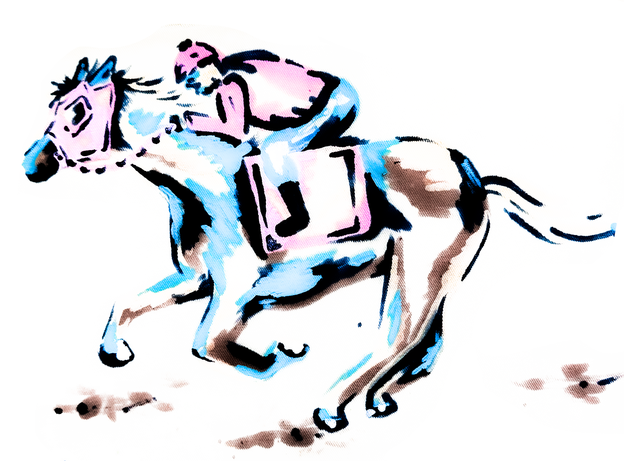 A watercolor or pastel drawing of a small, light-colored horse, lying on its side on a light background.