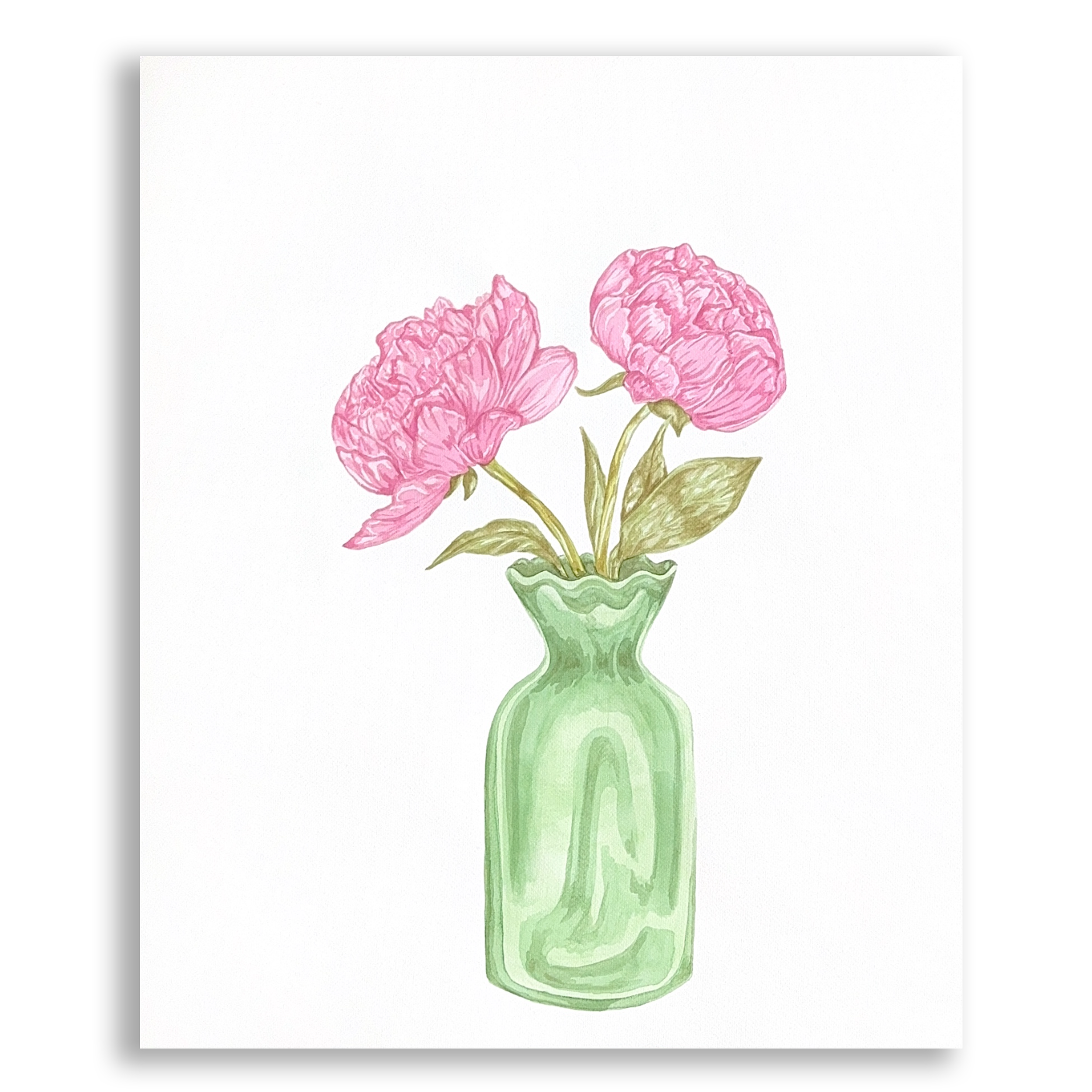 Watercolor illustration of pink peony flowers in a green vase.