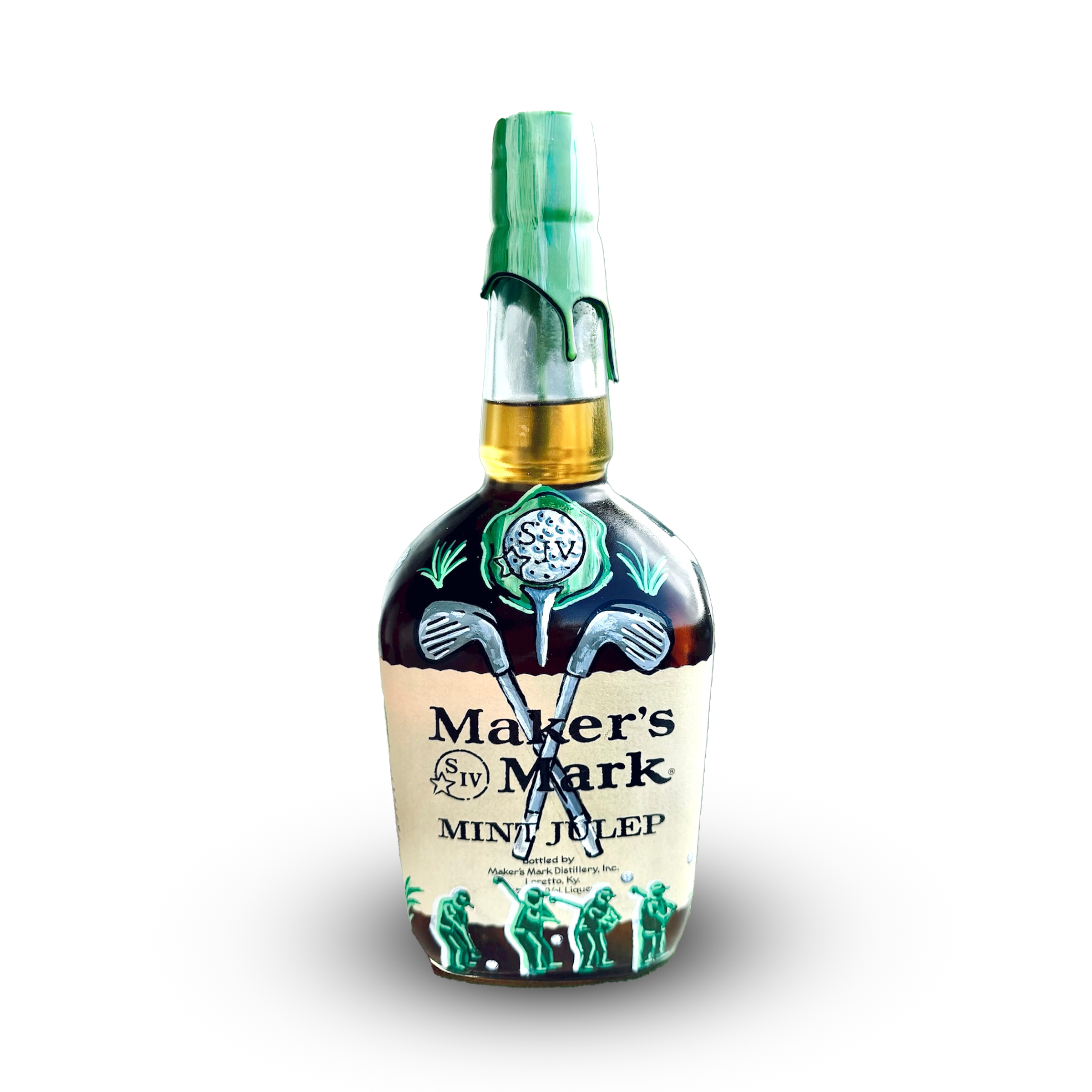 A bottle of Maker's Mark bourbon with a custom label featuring green skeletons.