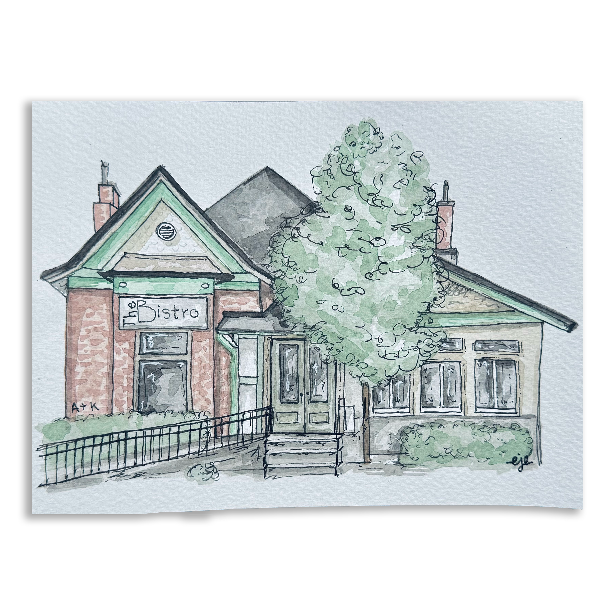 Watercolor illustration of a building with a green and white facade, a gabled roof, and visible chimney, with a tree in front and a sign that reads "The Bistro."