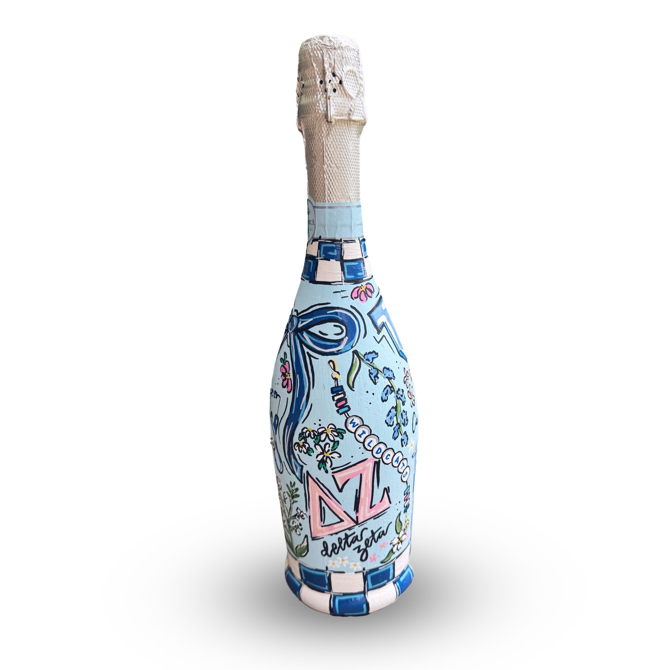 Custom Champagne painted for the University of Kentucky featuring colorful illustrations and text.