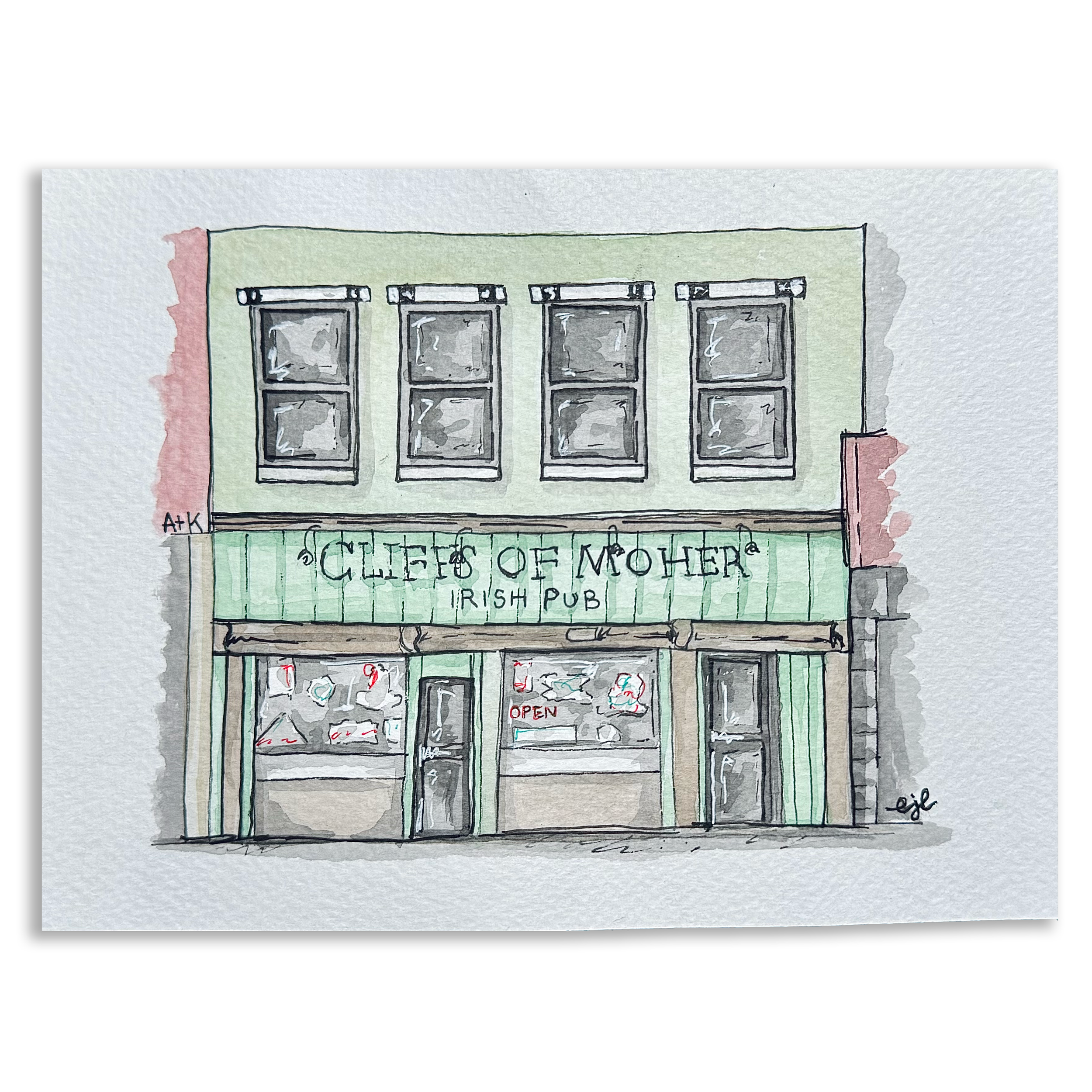 Hand-painted watercolor illustration of a storefront with four windows and a sign that reads 'Cliff's of MOTHER Irish Pub'.