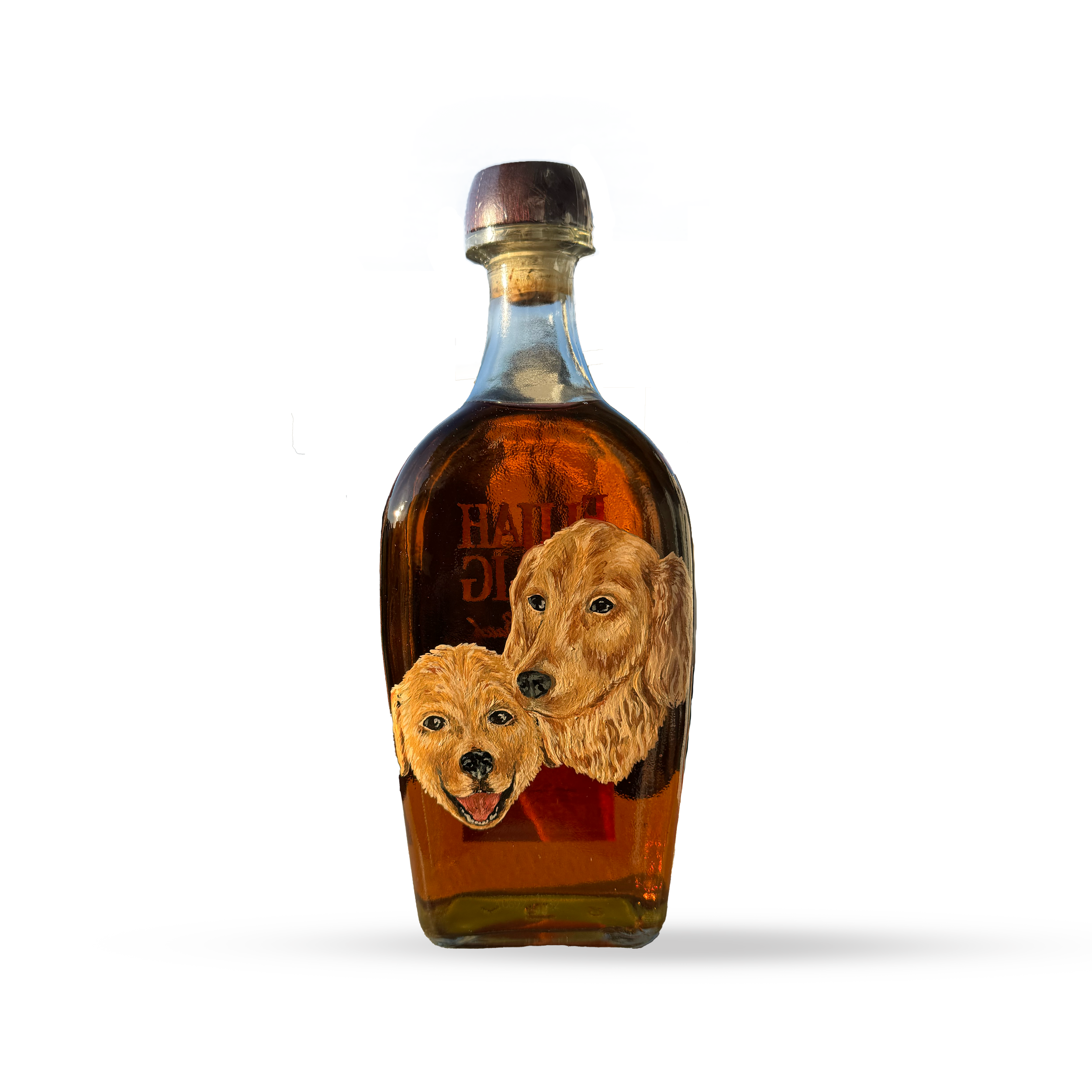 A glass bottle with a cap featuring a dog illustration and the text 'HAPPY DOG' on it, standing against a white background.