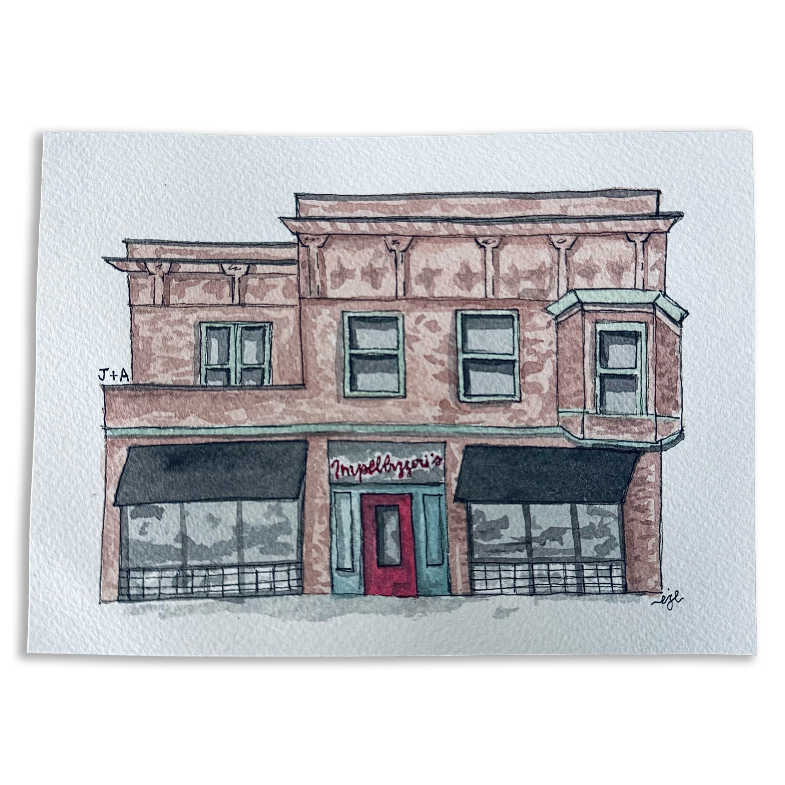 A detailed watercolor painting of a brick row house with a green awning over the front door and large windows.