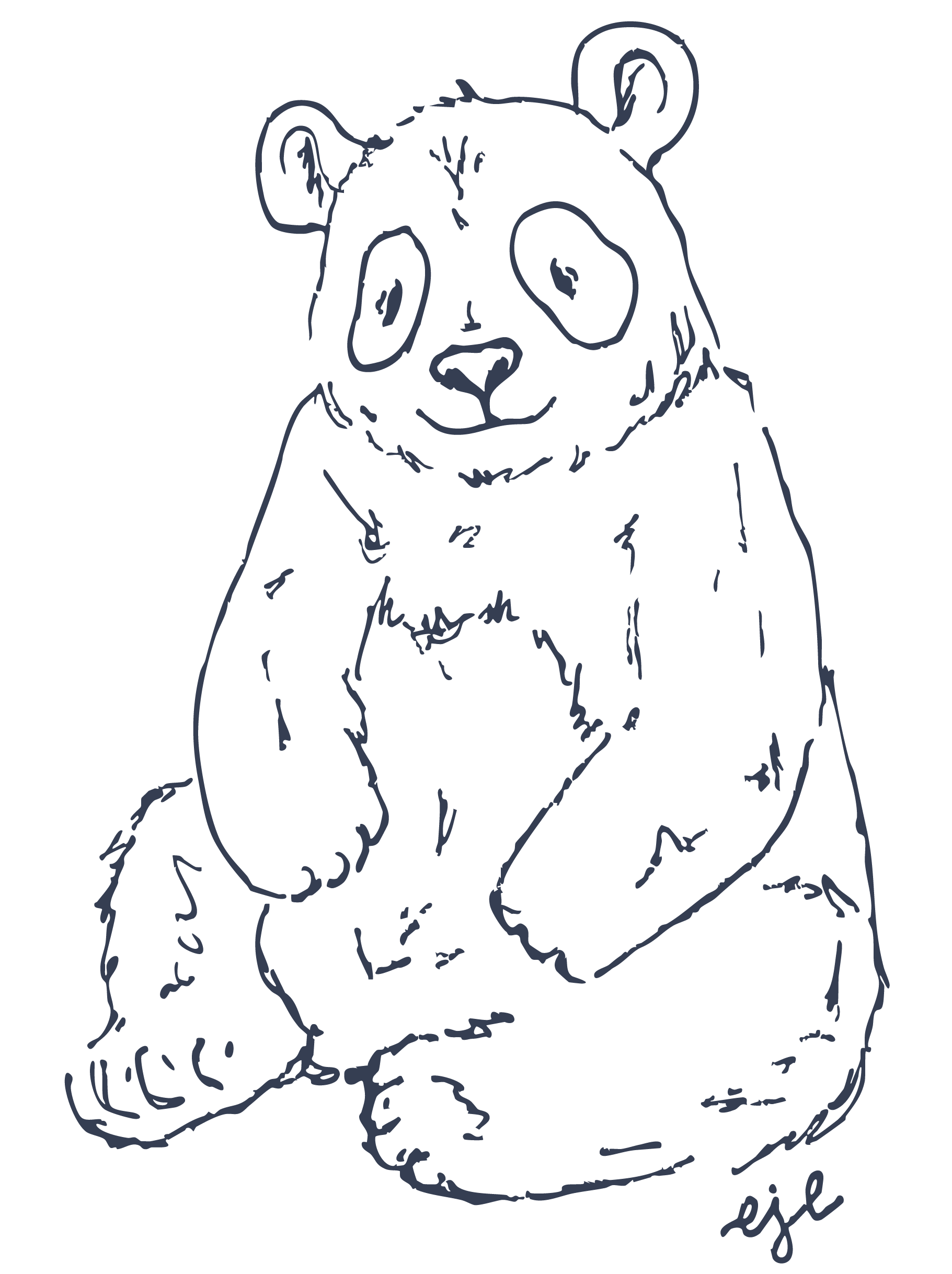 Outline drawing of a panda bear sitting on the ground with a branch nearby, drawn in a simple, sketchy style.