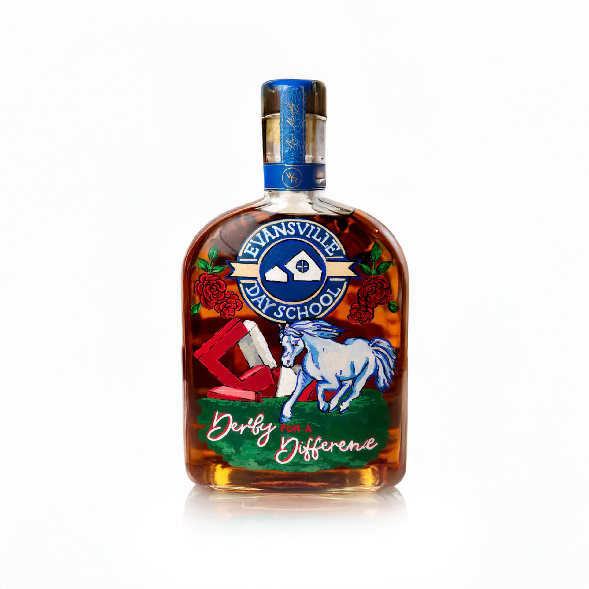 A bottle of Evan Williams Kentucky bourbon with a label featuring a white horse and red roses, and the phrase "Derry for a Different"