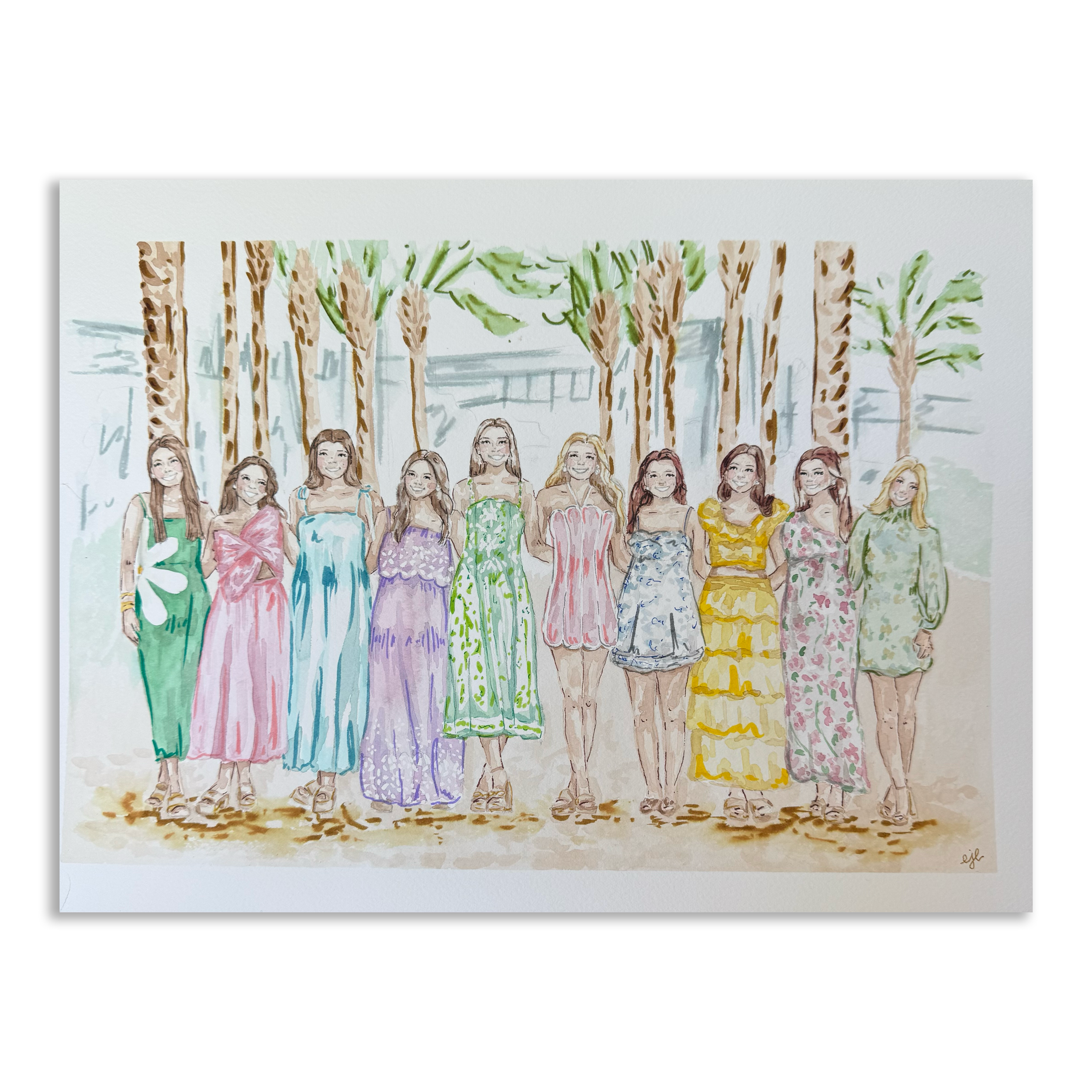 Watercolor painting of a group of women in colorful dresses standing outdoors under tall trees, smiling.
