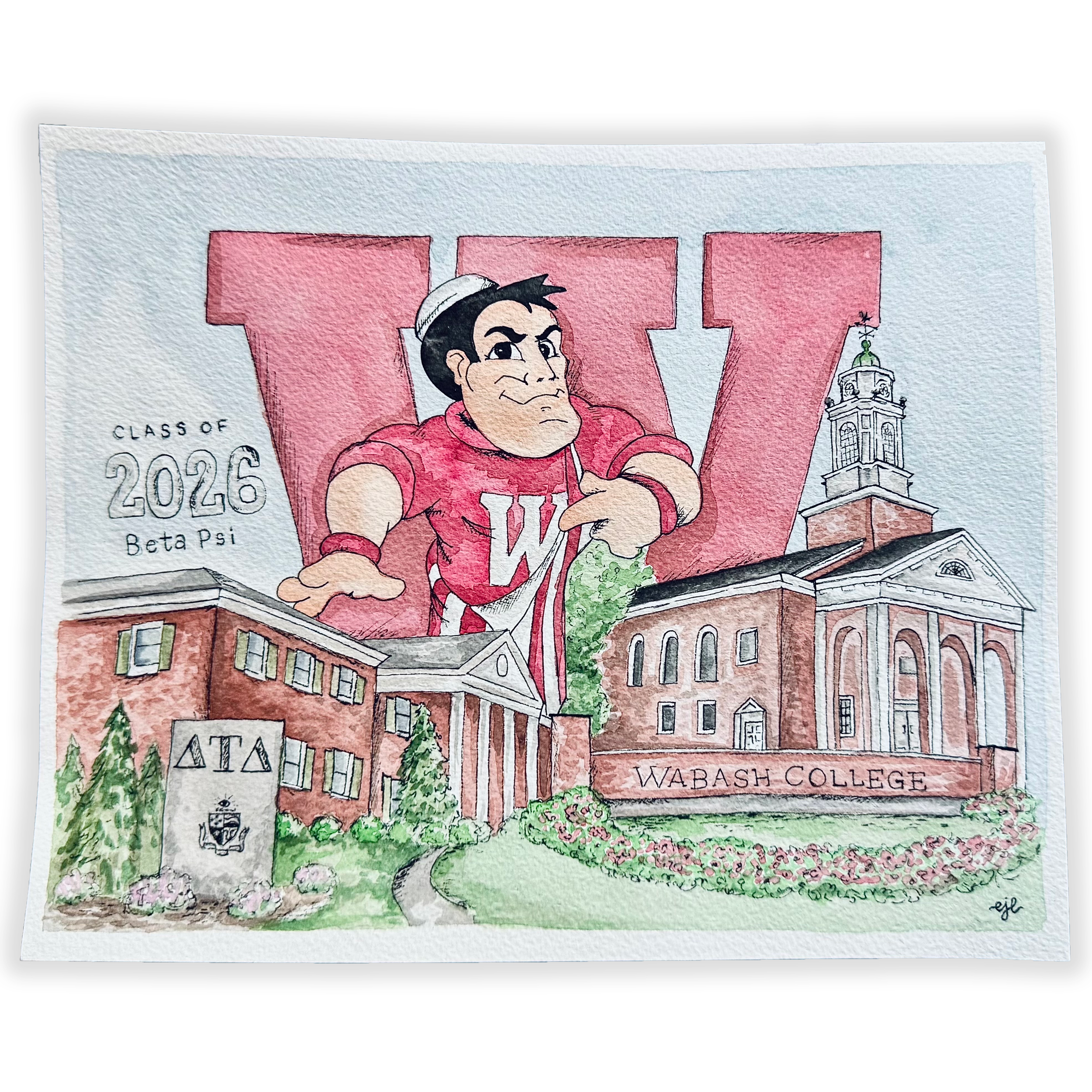 Colorful custom watercolor graduation poster featuring a cartoon student in a red cap and gown, with the text 'Class of 2026' and 'Wabash College'. Includes drawings of a campus building, trees, and flowers.